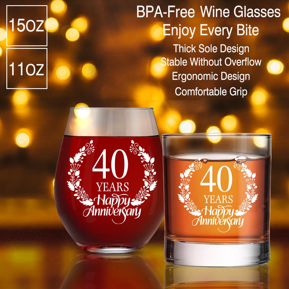 Perfectinsoy 40 Years Happy Anniversary Whiskey Glass and Stemless Wine Glass Gift Set, 40th Anniversary Wedding Gift For Mom, Dad, Soulmate, Couple, 40 Years Gifts, Happy 40th Anniversary