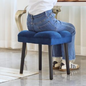 houchics soft vanity stool blue ottoman stool, square makeup stool with wooden legs, small ottoman stool chair for vanity, modern padded sofa seat foot rest stool(blue)