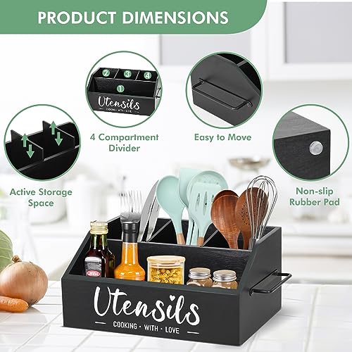 Utensil Holder for Kitchen Counter, Large Kitchen Utensil Holder with Handles, Farmhouse Cooking Utensil Organizer for Flatware, Utensil Caddy with 4 Compartments, Black Kitchen Tools Storage