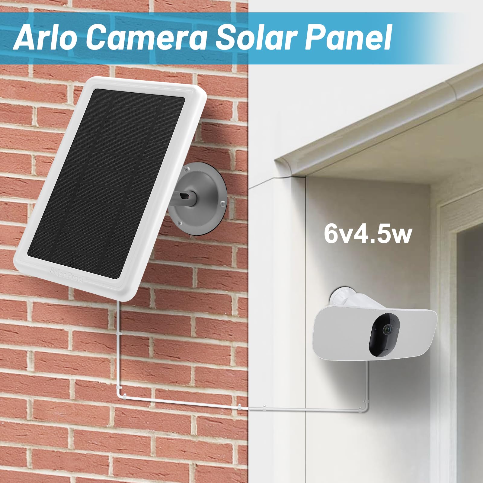 Arlo Camera Solar Panel Charger, Compatible with Arlo Pro4, Pro3, Floodlight, Pro 5S, Ultra 2, Ultra Cameras, 13ft/4m Cable, 6V4.5W Fast Battery Charging