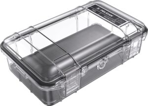 pelican m60 micro case - waterproof case (dry box, field box) for iphone, gopro, camera, camping, fishing, hiking, kayak, beach and more (black/clear)