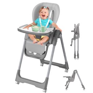 high chair for babies and toddlers,3-in-1 portable highchair toddler chair, folding & height adjustable infant high chair dining booster seat with wheels,footrest and meal tray (grey)