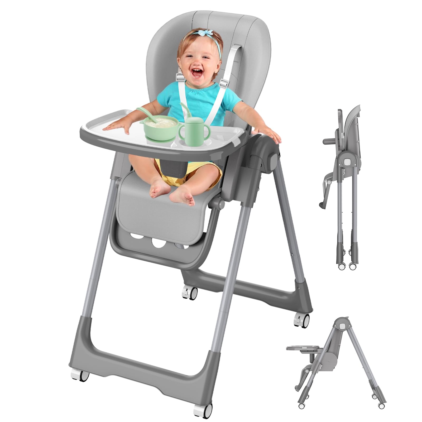 High Chair for Babies and Toddlers,3-in-1 Portable Highchair Toddler Chair, Folding & Height Adjustable Infant High Chair Dining Booster Seat with Wheels,Footrest and Meal Tray (Grey)