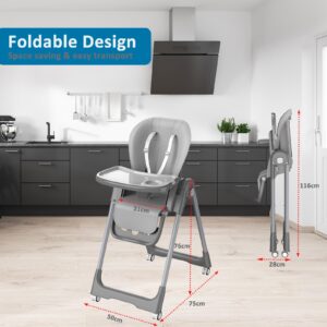 High Chair for Babies and Toddlers,3-in-1 Portable Highchair Toddler Chair, Folding & Height Adjustable Infant High Chair Dining Booster Seat with Wheels,Footrest and Meal Tray (Grey)