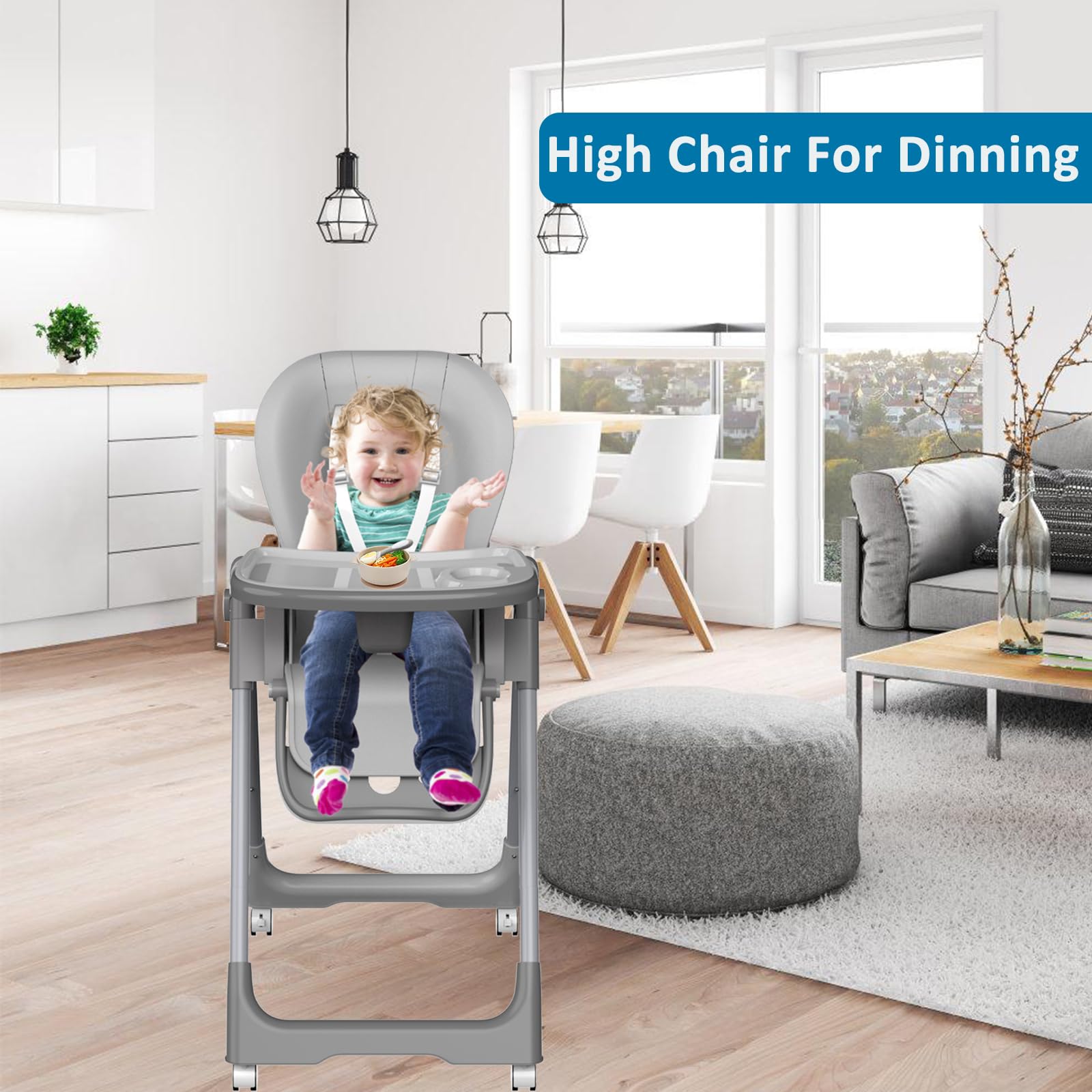 High Chair for Babies and Toddlers,3-in-1 Portable Highchair Toddler Chair, Folding & Height Adjustable Infant High Chair Dining Booster Seat with Wheels,Footrest and Meal Tray (Grey)