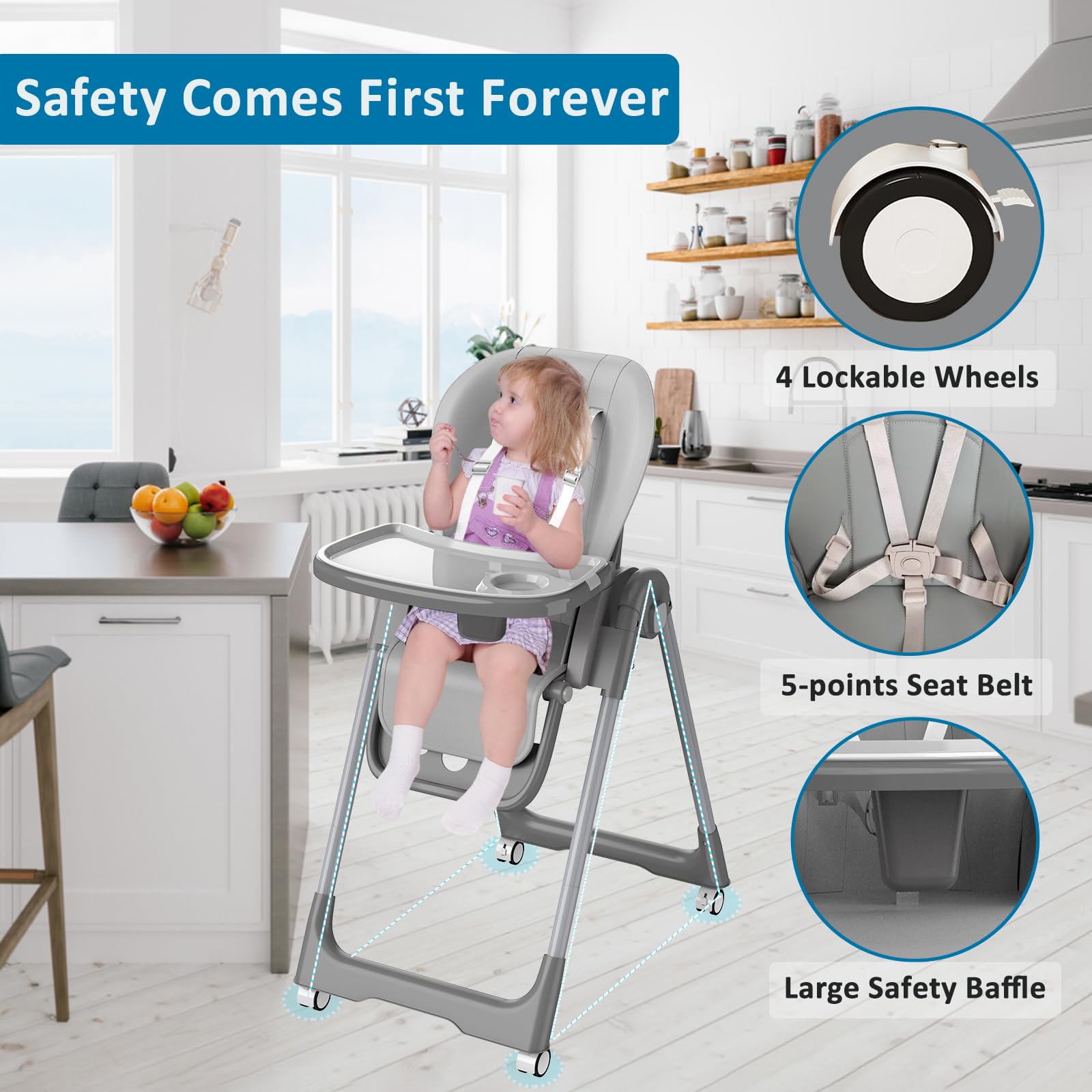 High Chair for Babies and Toddlers,3-in-1 Portable Highchair Toddler Chair, Folding & Height Adjustable Infant High Chair Dining Booster Seat with Wheels,Footrest and Meal Tray (Grey)