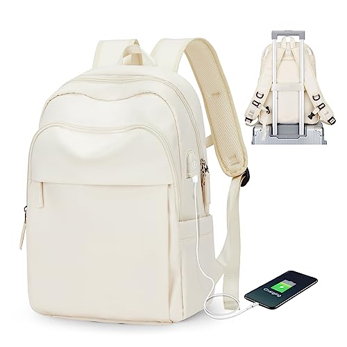 KEYEMP Large Travel Backpack Anti Theft Carry on Laptop Backpack with USB Charging Port Lightweight Water Resistant Aesthetic Casual Daypack College Backpack Work Bag for Women&Men,Beige