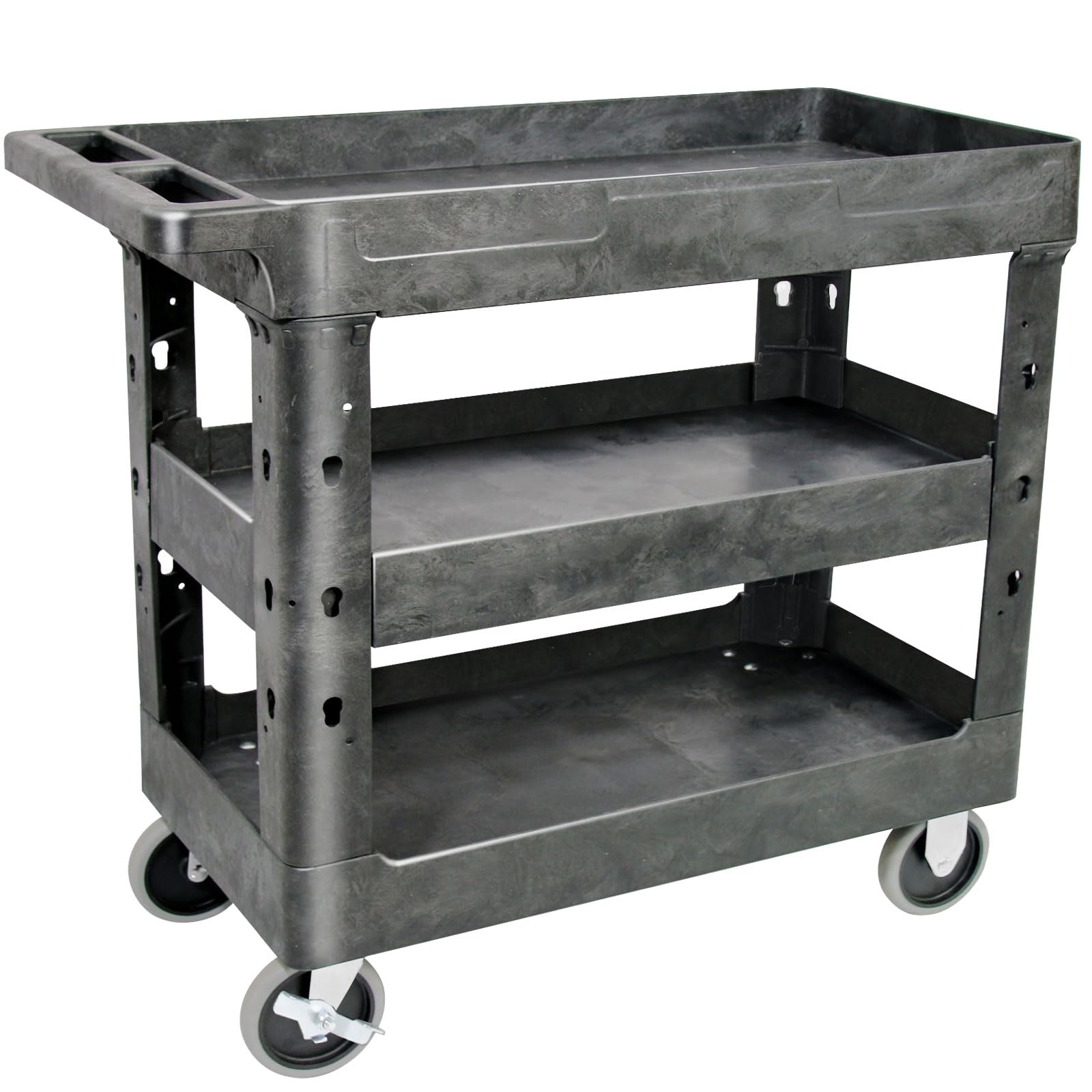 AQNIEGEP 3 Shelf Utility Cart Heavy Duty Rolling Cart with Brake Wheels Storage Service Cart w/Deep Shelves for Warehouse Workshop Cleaning Office Restaurant Commercial Moving 600lbs Capacity Black