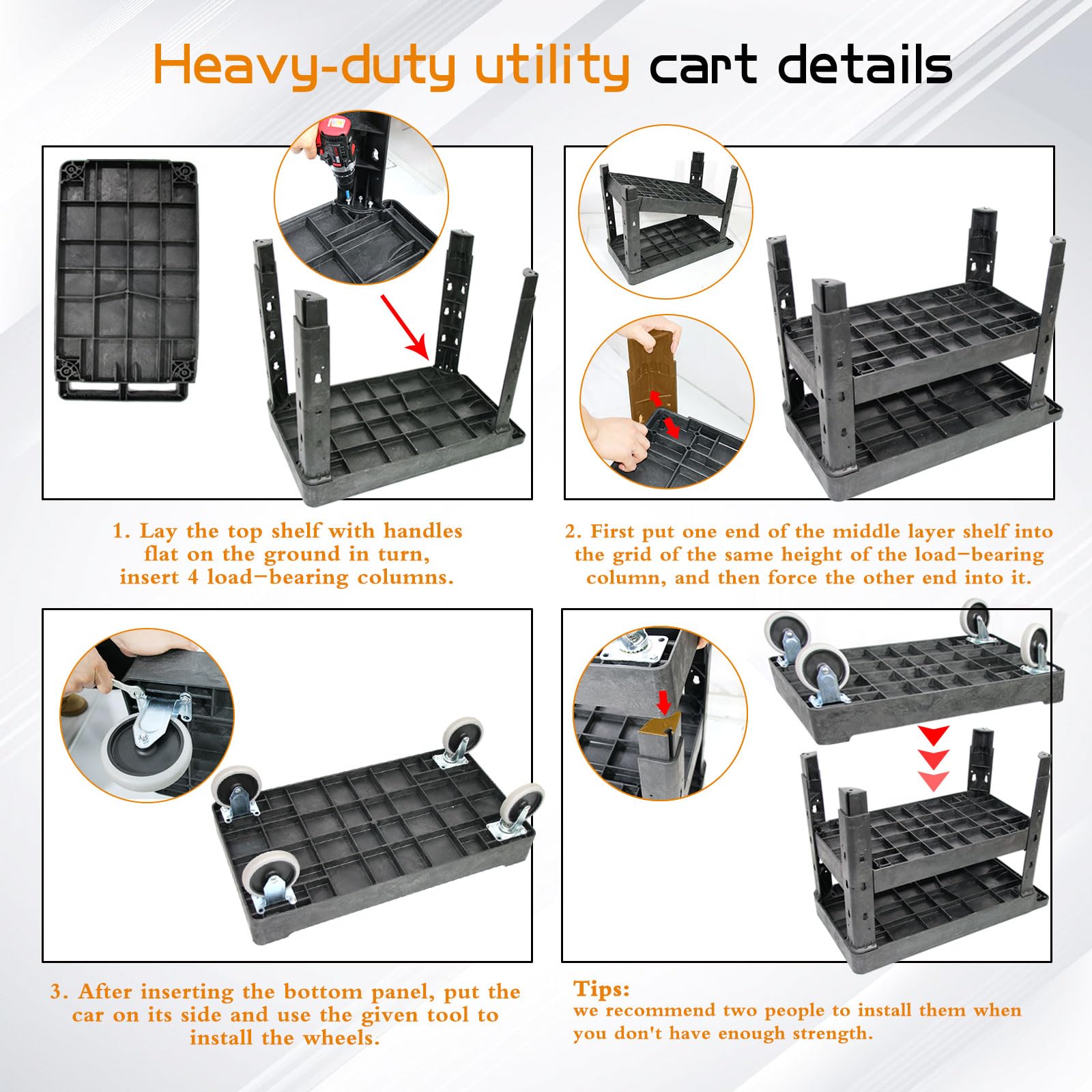 AQNIEGEP 3 Shelf Utility Cart Heavy Duty Rolling Cart with Brake Wheels Storage Service Cart w/Deep Shelves for Warehouse Workshop Cleaning Office Restaurant Commercial Moving 600lbs Capacity Black