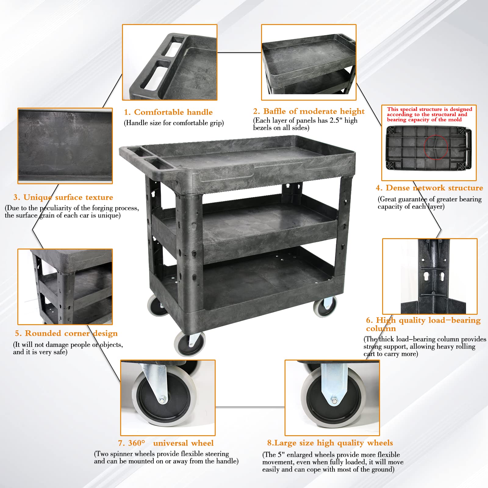 AQNIEGEP 3 Shelf Utility Cart Heavy Duty Rolling Cart with Brake Wheels Storage Service Cart w/Deep Shelves for Warehouse Workshop Cleaning Office Restaurant Commercial Moving 600lbs Capacity Black