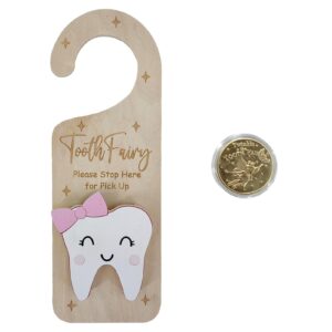 tooth fairy door hanger, wooden tooth fairy holder with tooth coins for lost tooth kids gifts - pink
