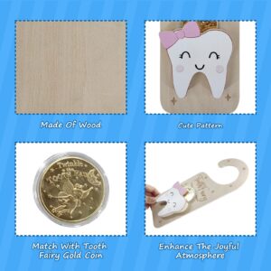 Tooth Fairy Door Hanger, Wooden Tooth Fairy Holder with Tooth Coins for Lost Tooth Kids Gifts - Pink