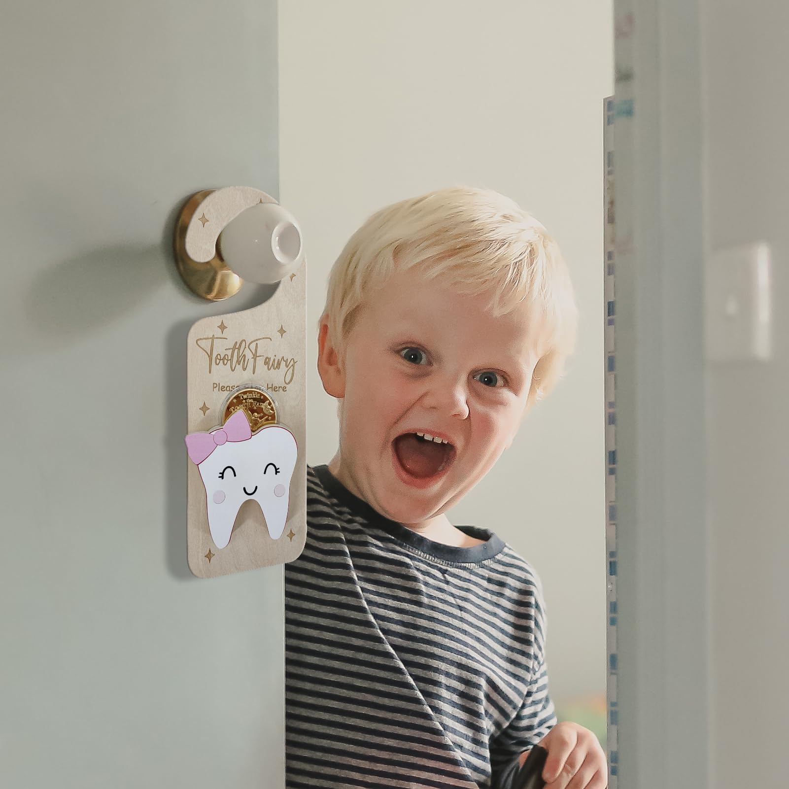 Tooth Fairy Door Hanger, Wooden Tooth Fairy Holder with Tooth Coins for Lost Tooth Kids Gifts - Pink