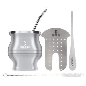 cuopru yerba mate cup bombilla - mate gourd set includes double walled stainless steel tea cup, tea shaper set, bombilla straws, cleaning brush