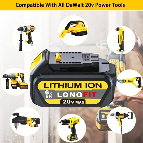 LONG FIT 2 Packs Replace for DeWalt 20v Battery 6.0Ah (DCB206), Replace for DeWalt Battery 20V Max DCB205-2 DCB206 DCB180 DCB204 DCB203 DCB20, Compatible with DeWalt 20V Cordless Power Tools