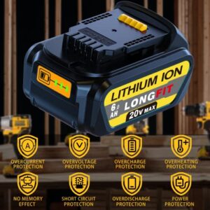 LONG FIT 2 Packs Replace for DeWalt 20v Battery 6.0Ah (DCB206), Replace for DeWalt Battery 20V Max DCB205-2 DCB206 DCB180 DCB204 DCB203 DCB20, Compatible with DeWalt 20V Cordless Power Tools