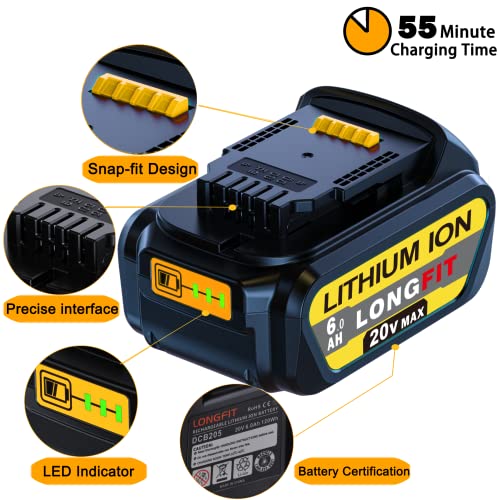 LONG FIT 2 Packs Replace for DeWalt 20v Battery 6.0Ah (DCB206), Replace for DeWalt Battery 20V Max DCB205-2 DCB206 DCB180 DCB204 DCB203 DCB20, Compatible with DeWalt 20V Cordless Power Tools