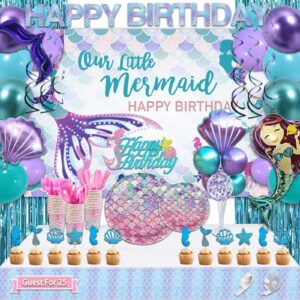 ujoyant 299 pcs mermaid birthday decorations, mermaid party decorations kit - disposable dinnerware set with 25 guests, backdrop, balloon, banner, tablecloth, knives, forks, spoons, caketopper