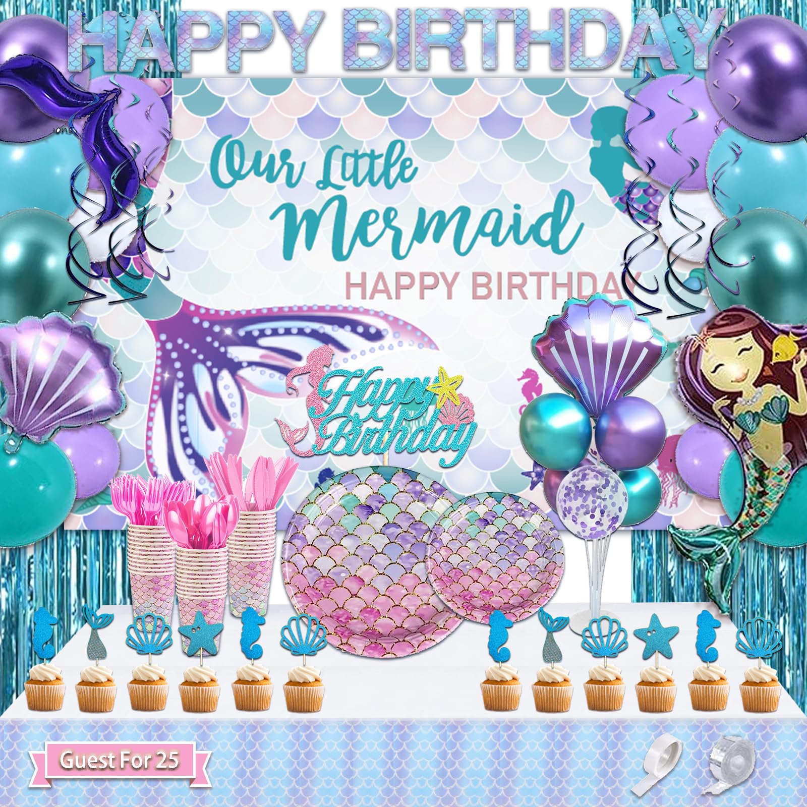 UJoyant 299 Pcs Mermaid Birthday Decorations, Mermaid Party Decorations Kit - Disposable Dinnerware Set with 25 Guests, Backdrop, Balloon, Banner, Tablecloth, Knives, Forks, Spoons, CakeTopper