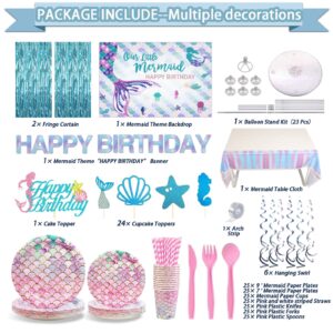 UJoyant 299 Pcs Mermaid Birthday Decorations, Mermaid Party Decorations Kit - Disposable Dinnerware Set with 25 Guests, Backdrop, Balloon, Banner, Tablecloth, Knives, Forks, Spoons, CakeTopper