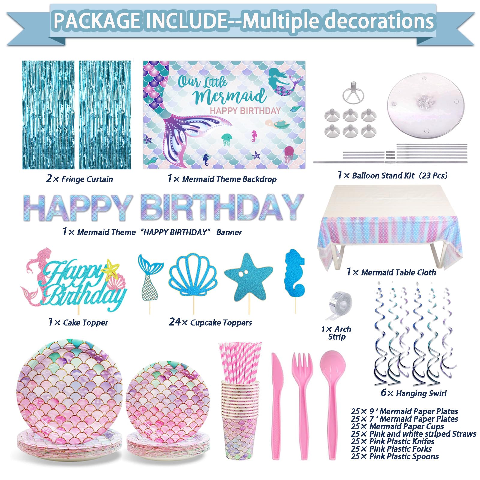 UJoyant 299 Pcs Mermaid Birthday Decorations, Mermaid Party Decorations Kit - Disposable Dinnerware Set with 25 Guests, Backdrop, Balloon, Banner, Tablecloth, Knives, Forks, Spoons, CakeTopper