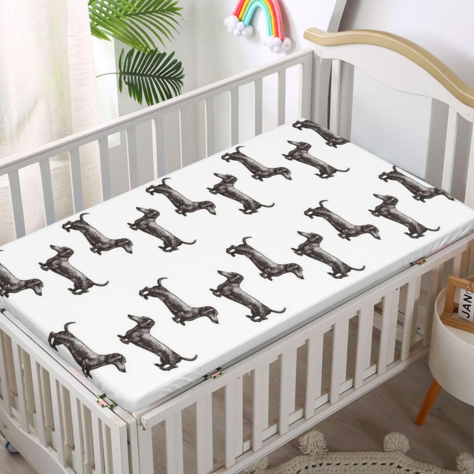 Dachshund Themed Fitted Crib Sheet,Standard Crib Mattress Fitted Sheet Soft and Breathable Bed Sheets - Crib Mattress Sheet or Toddler Bed Sheet,28“ x52“,Dark Taupe Grey White