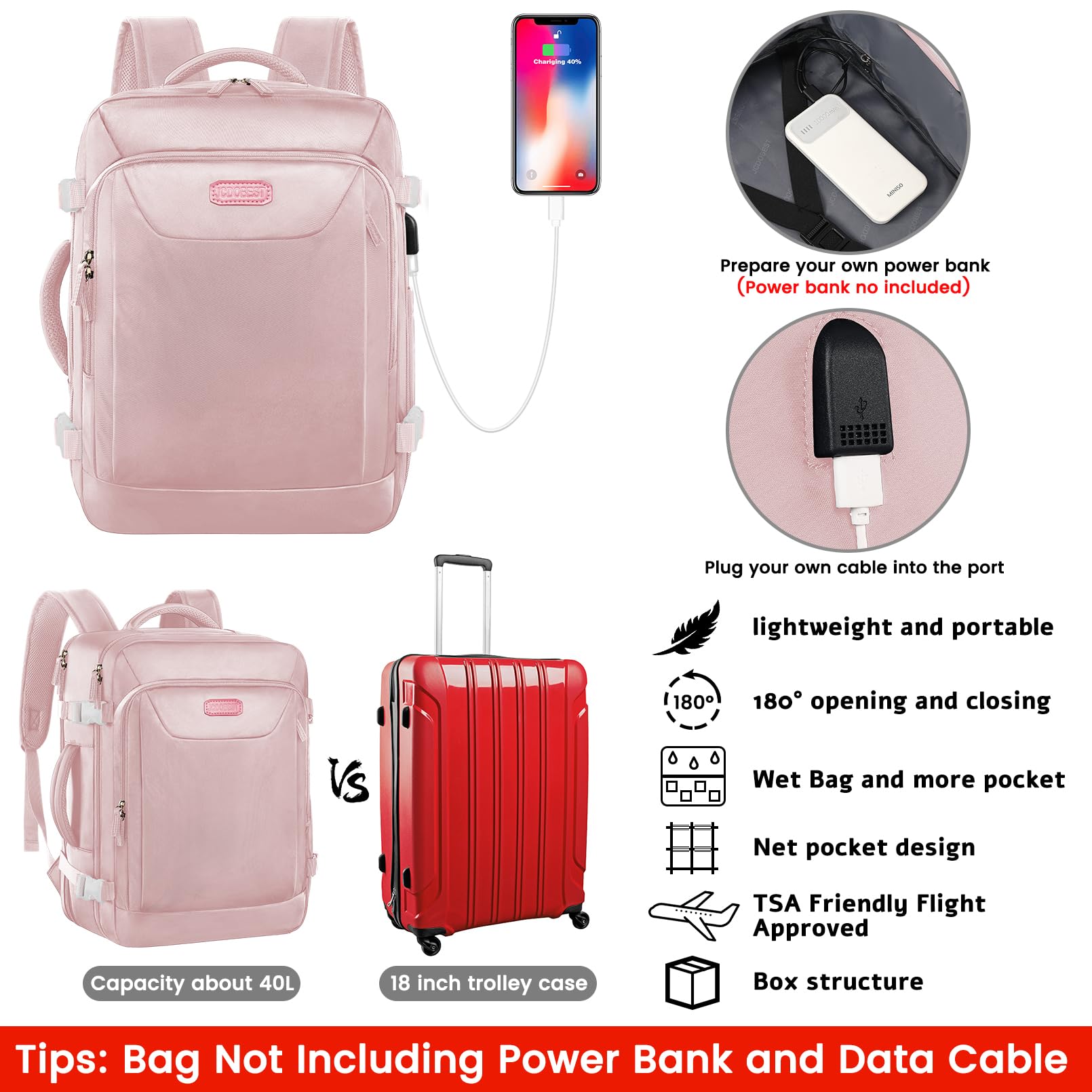 JCDOBEST Travel Backpack for Women, Carry On Backpack with USB Charging Port, TSA 17inch Laptop Backpack Flight Approved, College Nurse Bag Casual Daypack for Weekender Business Hiking, Pink