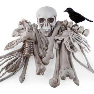 halloween decorations- 28 pieces skeleton bones and skull with crow for outdoor decoration, scary groundbreakers for halloween yard lawn decoration, halloween skull decoration for graveyard decor