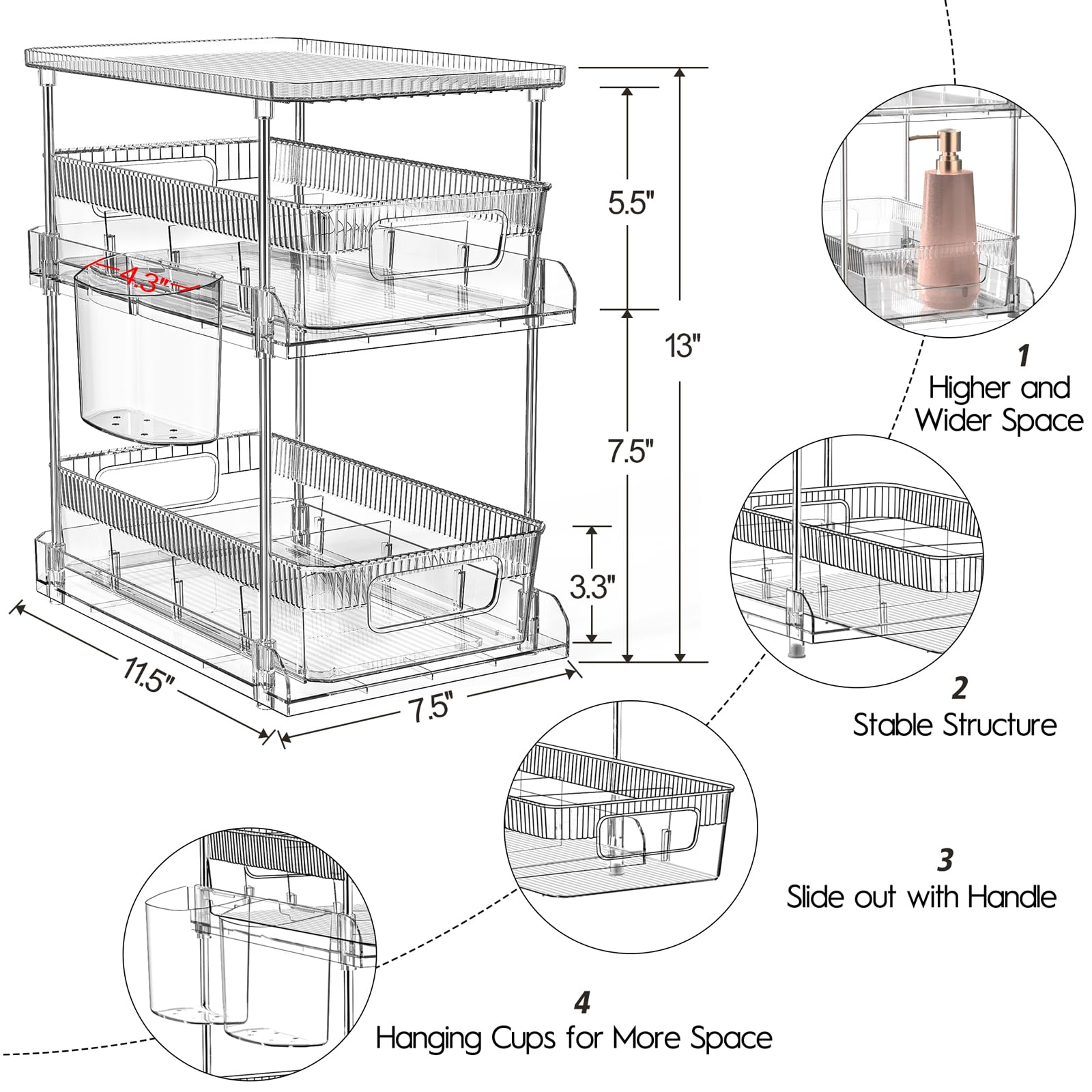 3 Tier Clear Bathroom Organizer, Under Sink Organizers Clear with Dividers, Multi Purpose Slide-Out drawers Organizer for Bathroom Pantry Organization and Storage, Medicine Cabniet Organizer 1 Pack