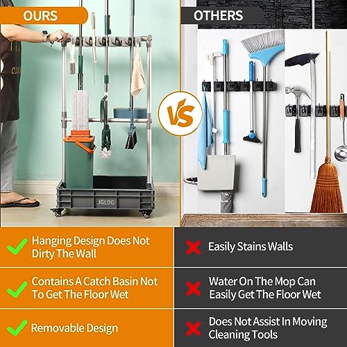 Broom mop Holder Cleaning Supplies Organizer Janitor carts on Wheels Housekeeping Station Storage Tools for Garage, Garden, Closet, Cabinet