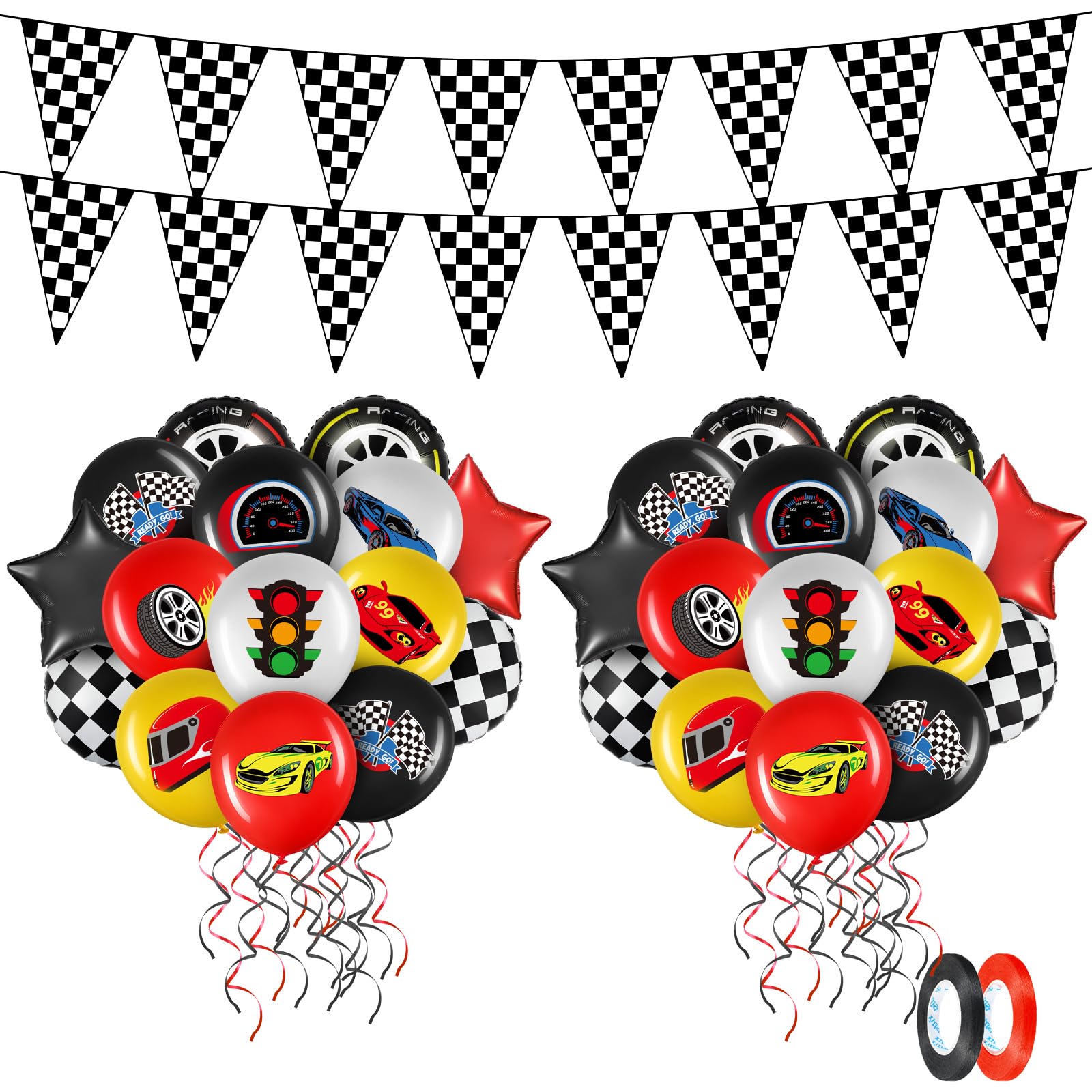 Glimin 54 PCS Race Car Balloons Race Car Party Decorations Race Car Birthday Supplies Red Black Yellow Wheel Tire Balloon with Checkered Balloons Banner for Two Fast Birthday Party Decorations