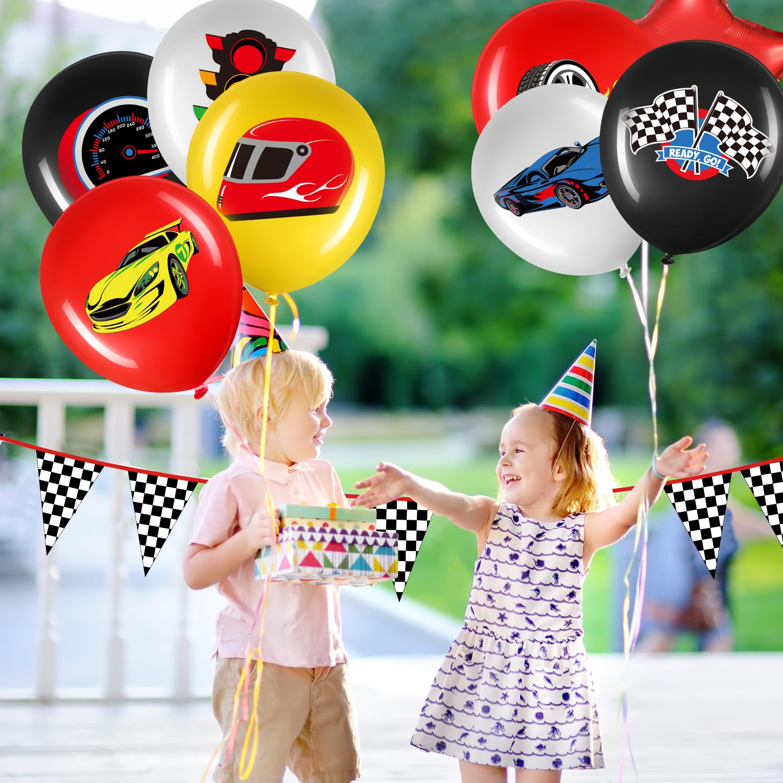 Glimin 54 PCS Race Car Balloons Race Car Party Decorations Race Car Birthday Supplies Red Black Yellow Wheel Tire Balloon with Checkered Balloons Banner for Two Fast Birthday Party Decorations