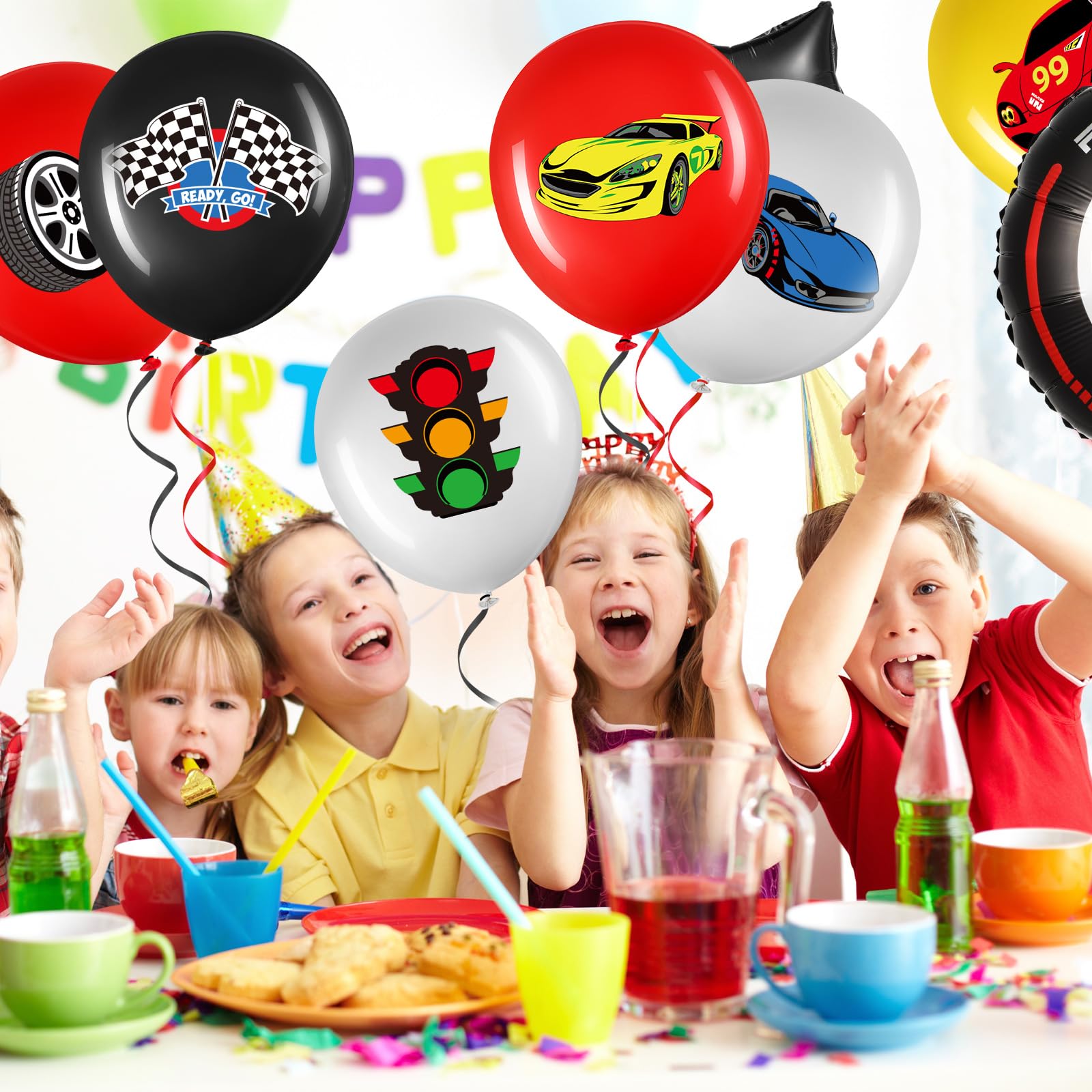 Glimin 54 PCS Race Car Balloons Race Car Party Decorations Race Car Birthday Supplies Red Black Yellow Wheel Tire Balloon with Checkered Balloons Banner for Two Fast Birthday Party Decorations