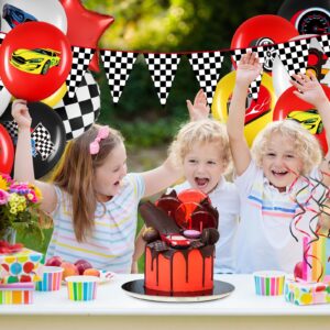 Glimin 54 PCS Race Car Balloons Race Car Party Decorations Race Car Birthday Supplies Red Black Yellow Wheel Tire Balloon with Checkered Balloons Banner for Two Fast Birthday Party Decorations