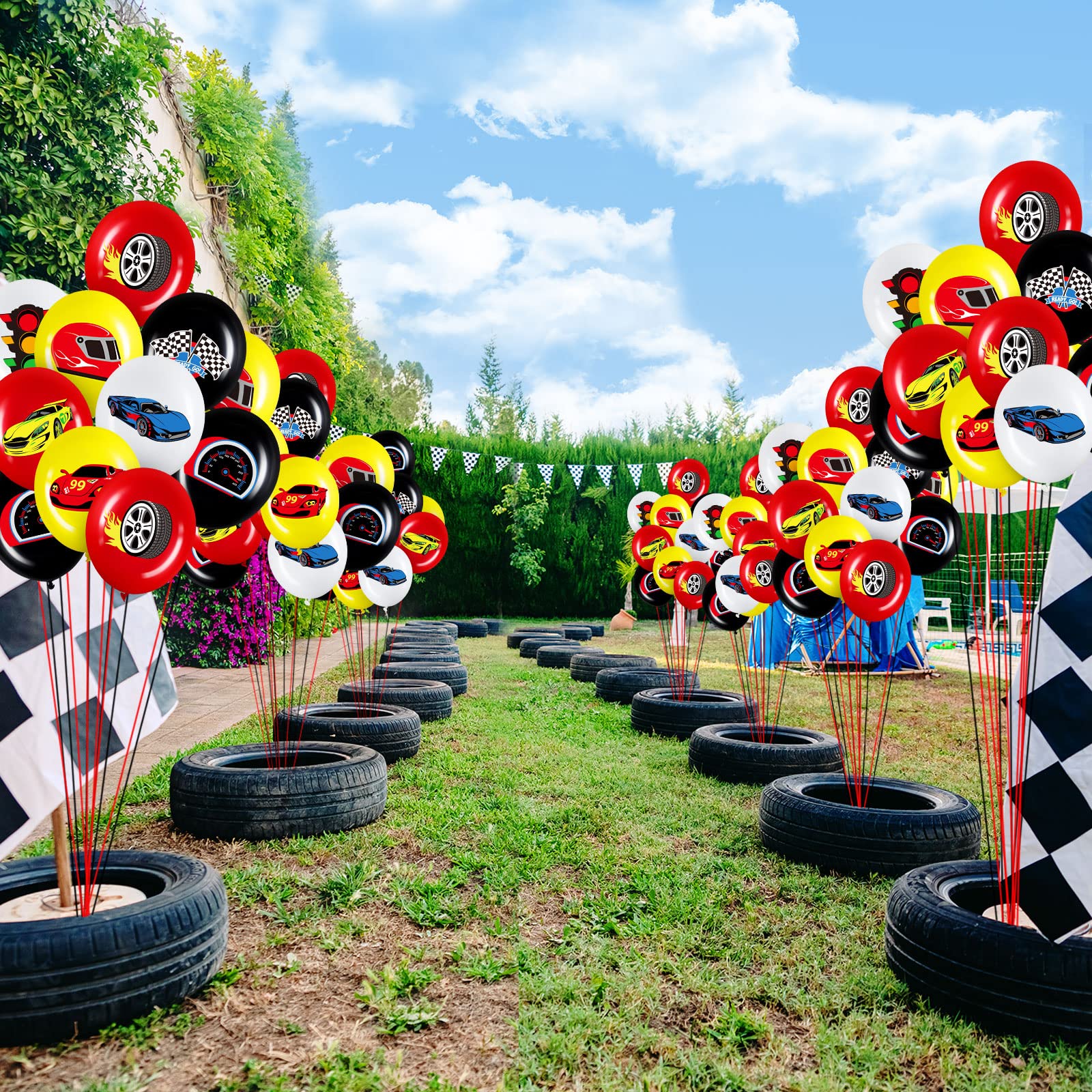 Glimin 54 PCS Race Car Balloons Race Car Party Decorations Race Car Birthday Supplies Red Black Yellow Wheel Tire Balloon with Checkered Balloons Banner for Two Fast Birthday Party Decorations