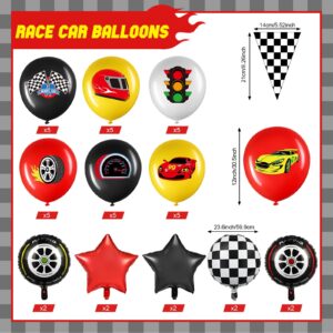 Glimin 54 PCS Race Car Balloons Race Car Party Decorations Race Car Birthday Supplies Red Black Yellow Wheel Tire Balloon with Checkered Balloons Banner for Two Fast Birthday Party Decorations