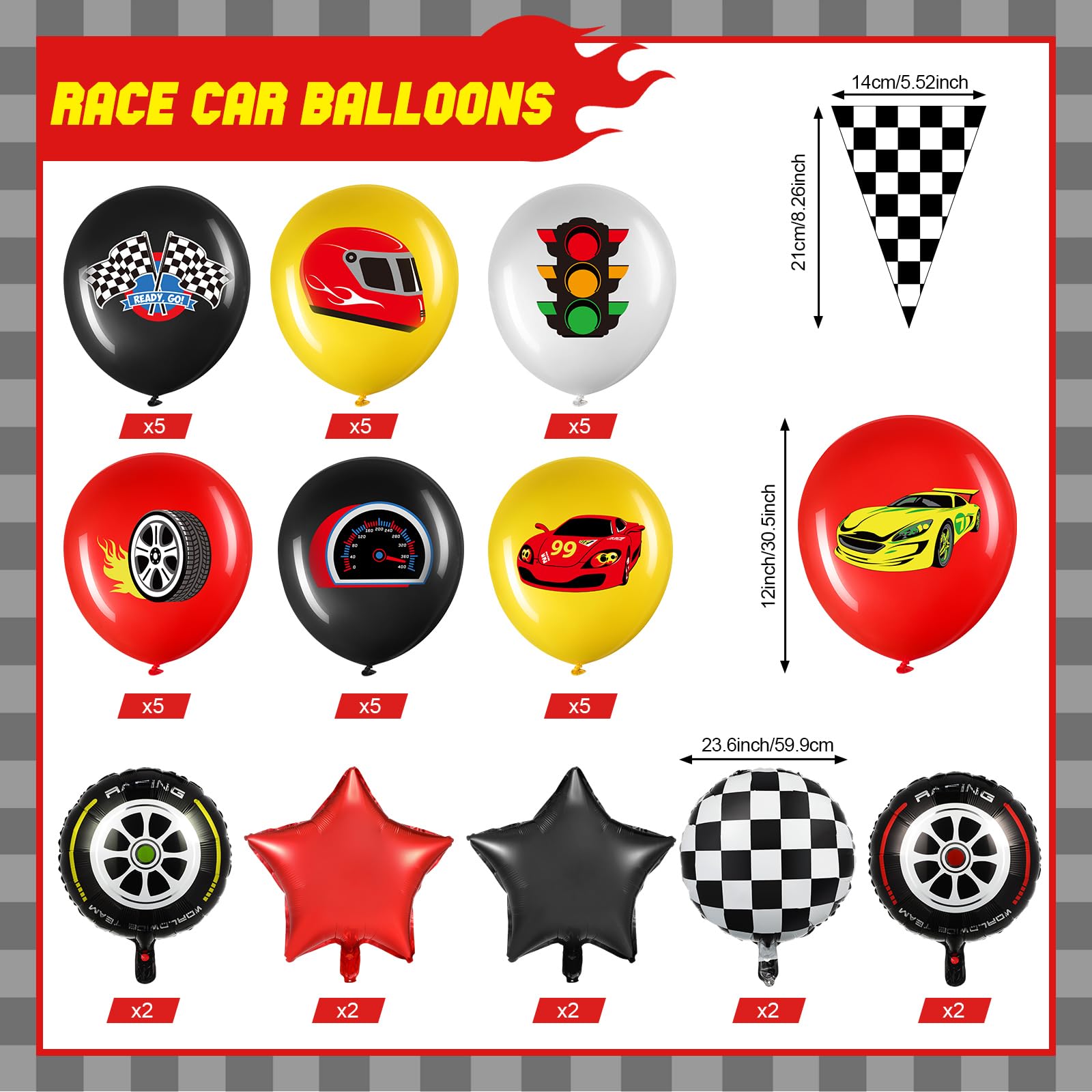 Glimin 54 PCS Race Car Balloons Race Car Party Decorations Race Car Birthday Supplies Red Black Yellow Wheel Tire Balloon with Checkered Balloons Banner for Two Fast Birthday Party Decorations