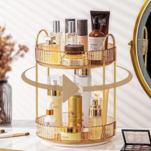 360° rotating bathroom vanity organizer for makeup, perfumes, and skincare - spinning countertop storage with gold accents