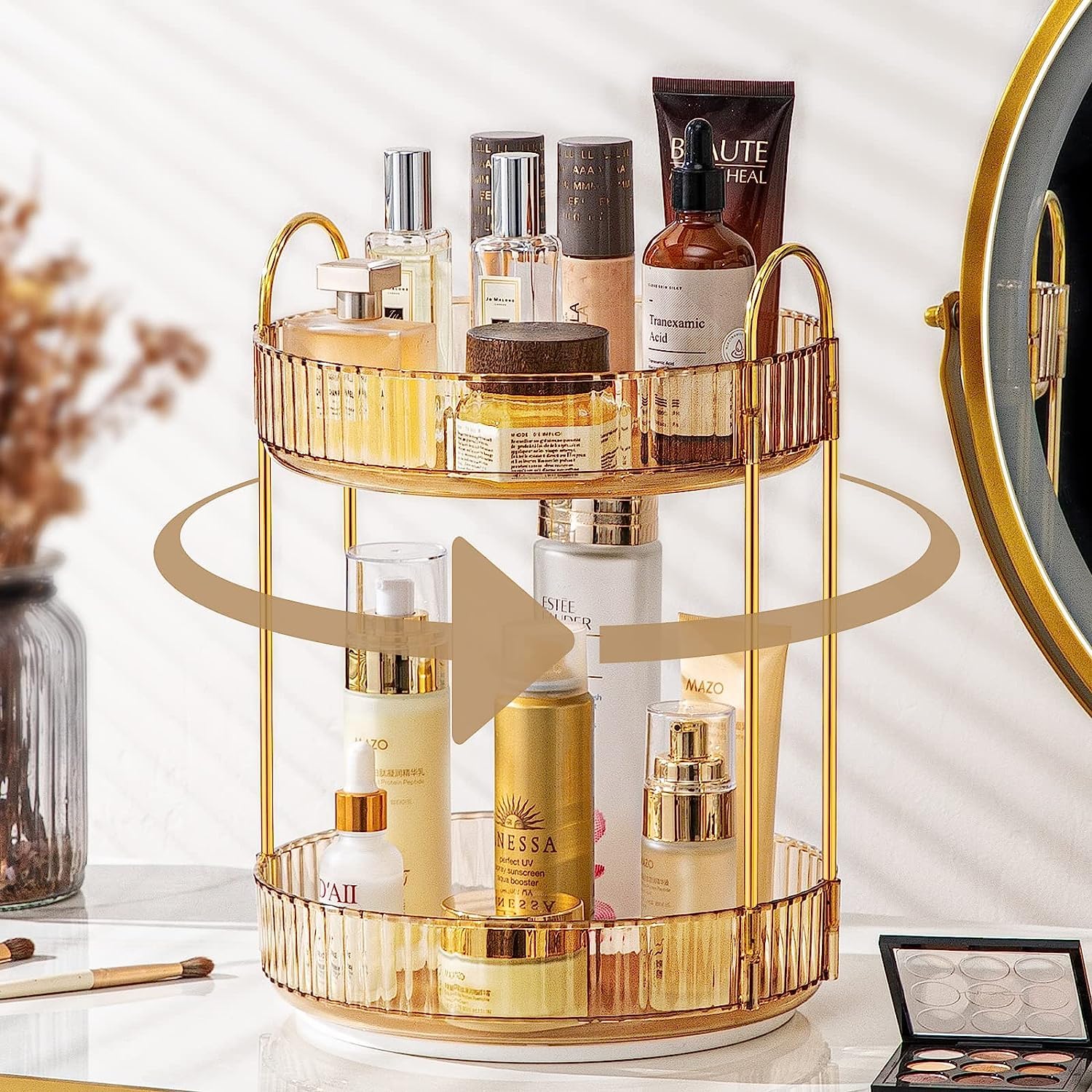 360° Rotating Bathroom Vanity Organizer for Makeup, Perfumes, and Skincare - Spinning Countertop Storage with Gold Accents