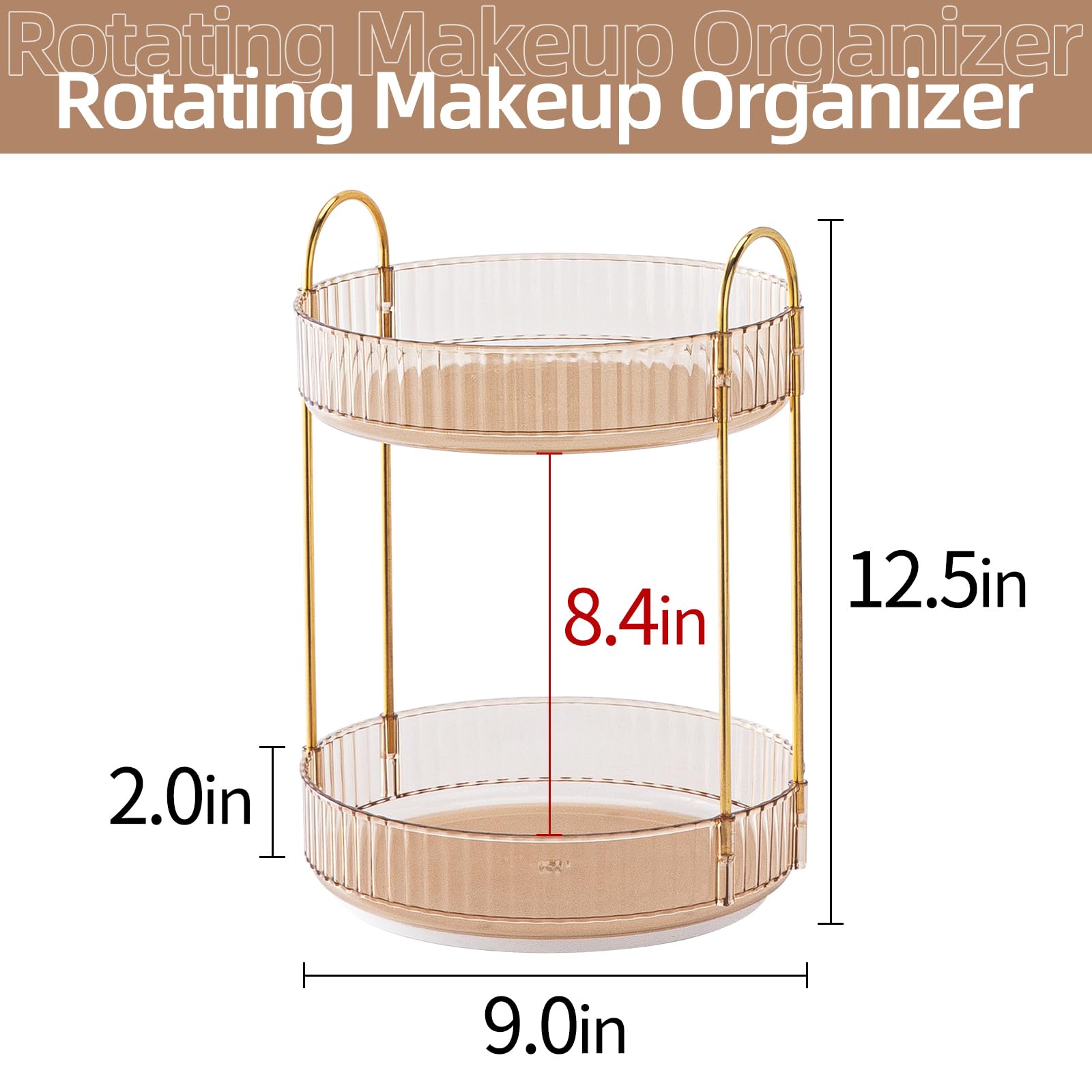 360° Rotating Bathroom Vanity Organizer for Makeup, Perfumes, and Skincare - Spinning Countertop Storage with Gold Accents