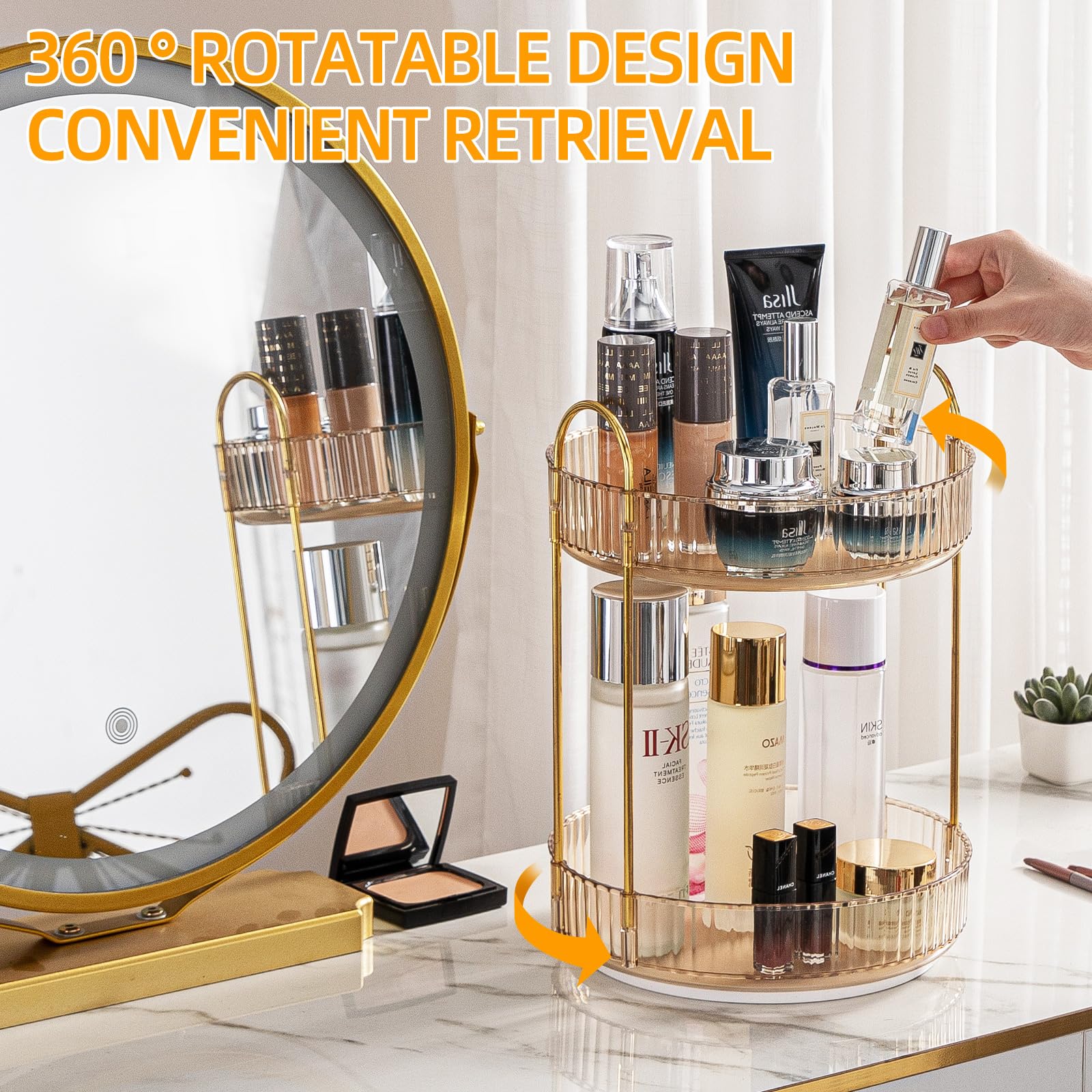 360° Rotating Bathroom Vanity Organizer for Makeup, Perfumes, and Skincare - Spinning Countertop Storage with Gold Accents