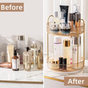 360° Rotating Bathroom Vanity Organizer for Makeup, Perfumes, and Skincare - Spinning Countertop Storage with Gold Accents