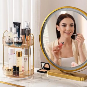 360° Rotating Bathroom Vanity Organizer for Makeup, Perfumes, and Skincare - Spinning Countertop Storage with Gold Accents