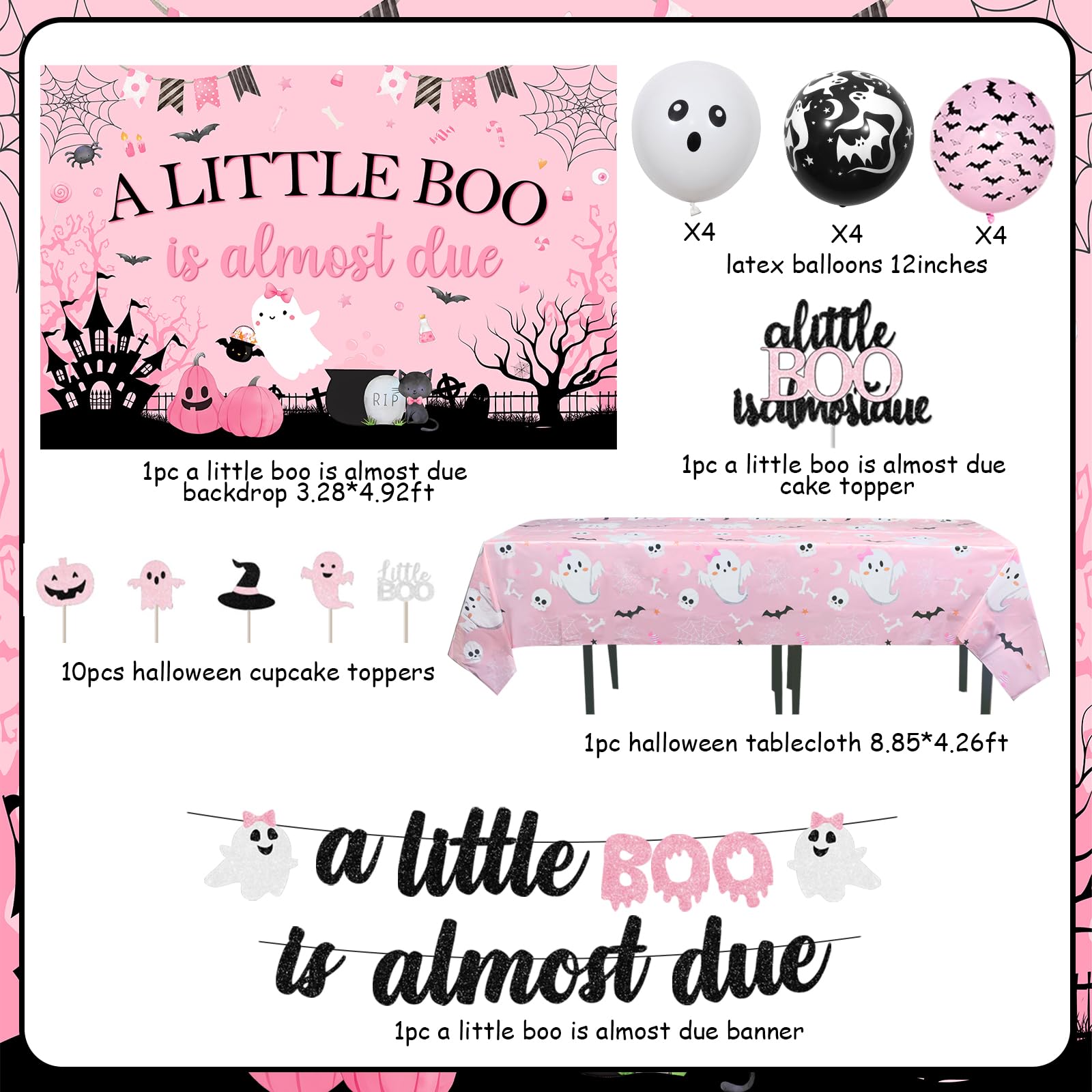 Balterever Halloween Baby Shower Decorations for Girls Pink Black a Little Boo is Almost Due Baby Shower Banner Backdrop Cake Cupcake Toppers Halloween Tablecloth for Halloween Baby Shower Gender