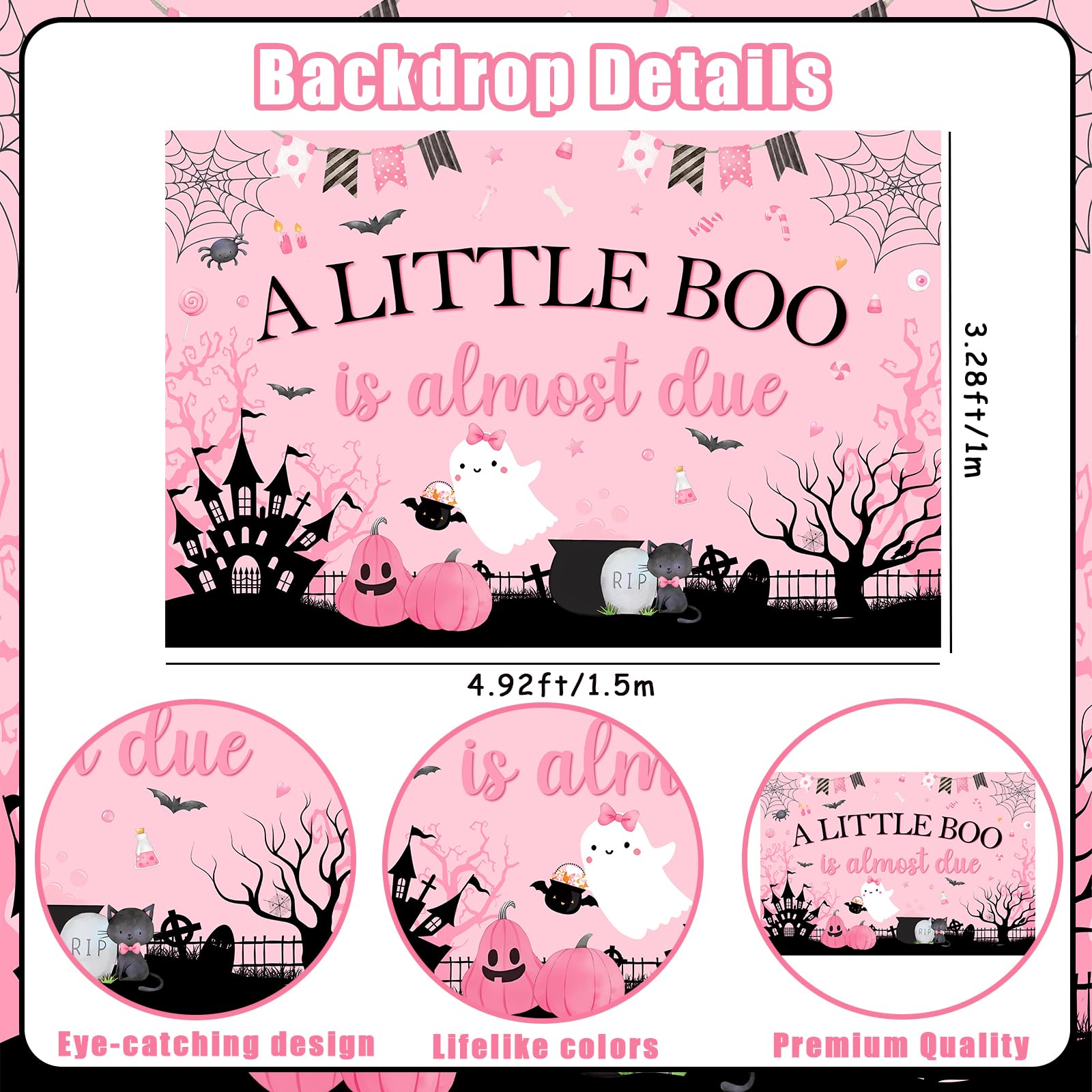 Balterever Halloween Baby Shower Decorations for Girls Pink Black a Little Boo is Almost Due Baby Shower Banner Backdrop Cake Cupcake Toppers Halloween Tablecloth for Halloween Baby Shower Gender