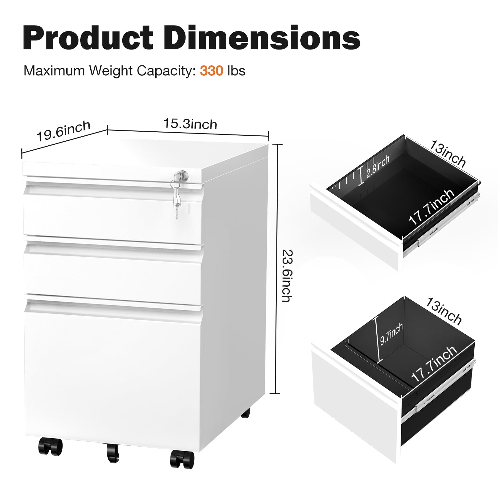 Sweetcrispy File Cabinet - 3 Drawer File Cabinet with Lock, Mobile Rolling File Cabinet, Under Desk File Cabinet with Pre-Assembled, Metal Small File Cabinet for Home Office