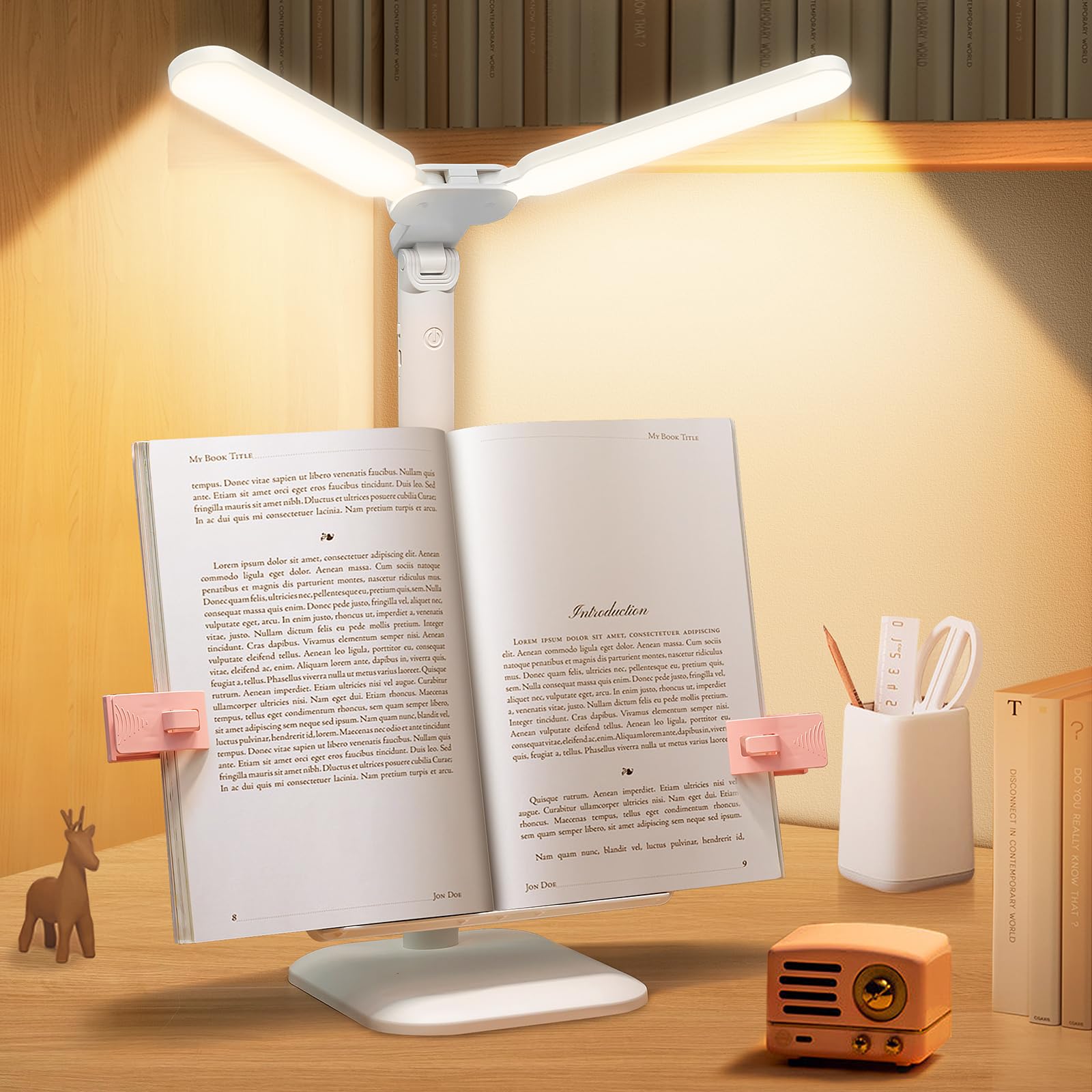 Desk Lamp with Book Stand: Bright LED Reading Lamp, Adjustable Dimmable Dual Swing Arm Eye-Caring Desk Lamp, Table Desk Light with Adjustable Book Stand for Home, Office, Bedroom, Work, Study