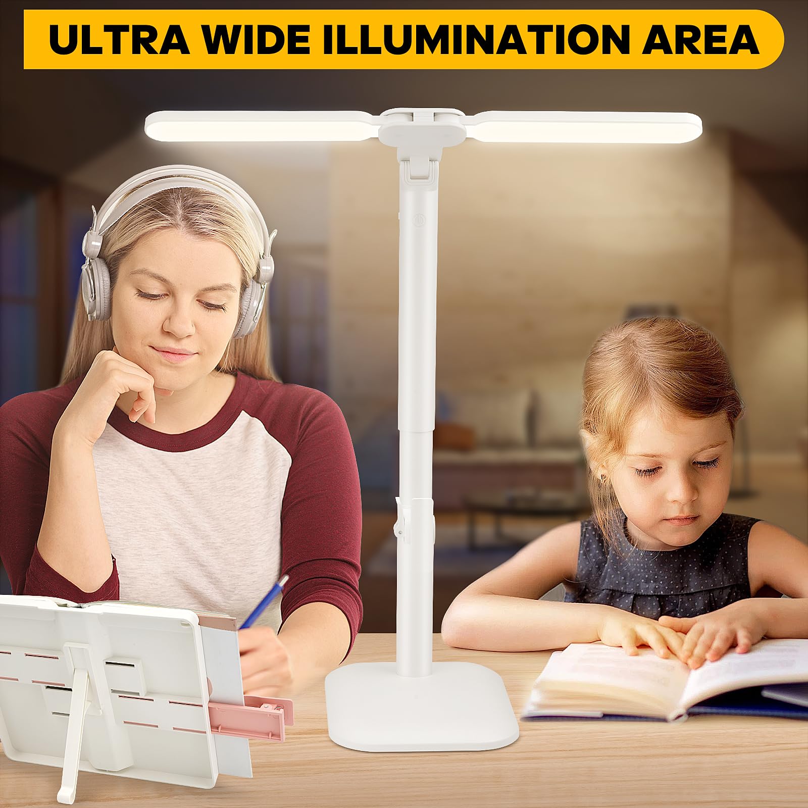 Desk Lamp with Book Stand: Bright LED Reading Lamp, Adjustable Dimmable Dual Swing Arm Eye-Caring Desk Lamp, Table Desk Light with Adjustable Book Stand for Home, Office, Bedroom, Work, Study