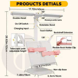 Desk Lamp with Book Stand: Bright LED Reading Lamp, Adjustable Dimmable Dual Swing Arm Eye-Caring Desk Lamp, Table Desk Light with Adjustable Book Stand for Home, Office, Bedroom, Work, Study