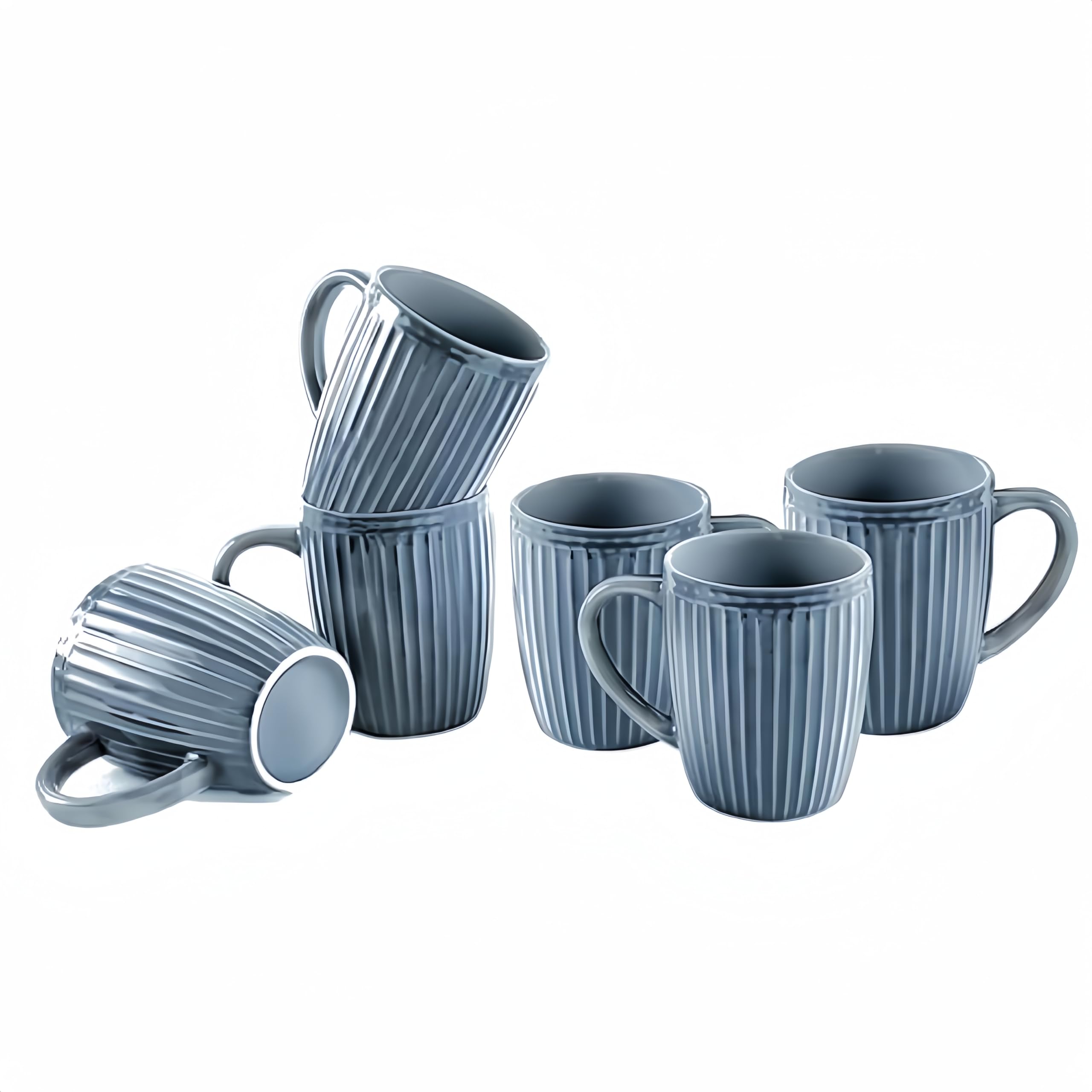 wocaxc Coffee Mugs Set of 6, 12 oz Fluted Coffee Mugs for Men Women, Modern Coffee Mugs with handle for Tea/Latte/Cappuccino/Cocoa.Microwave & Dishwasher Safe,Housewarming Gift (Grey)